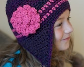 Pattern for a Crochet Purple and Pink Earflap Hat for Infants thru Child PDF
