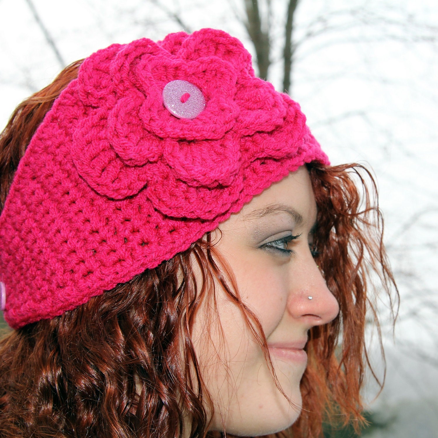 Pattern Directions for Making a Crochet Hot Pink Headband Ear Warmer with Flower