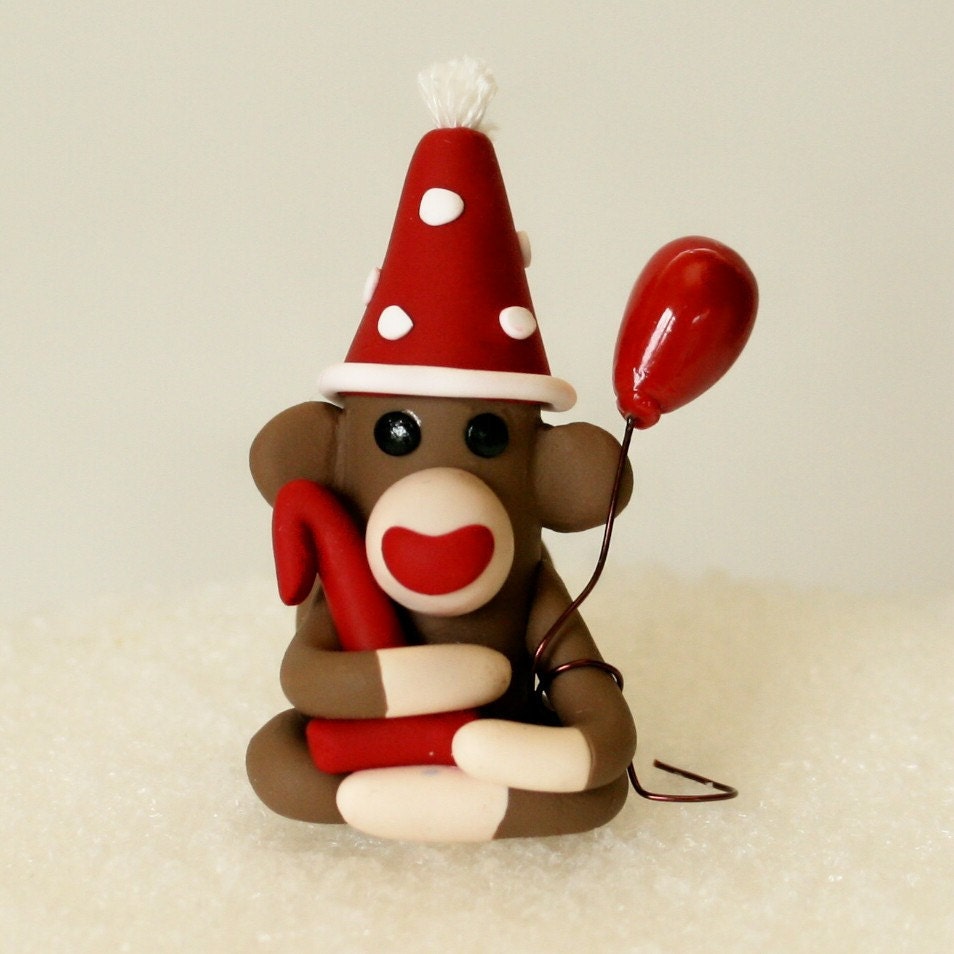 Baby Sock Monkey Mini with Birthday Balloon Hat and Gift or Number Miniature