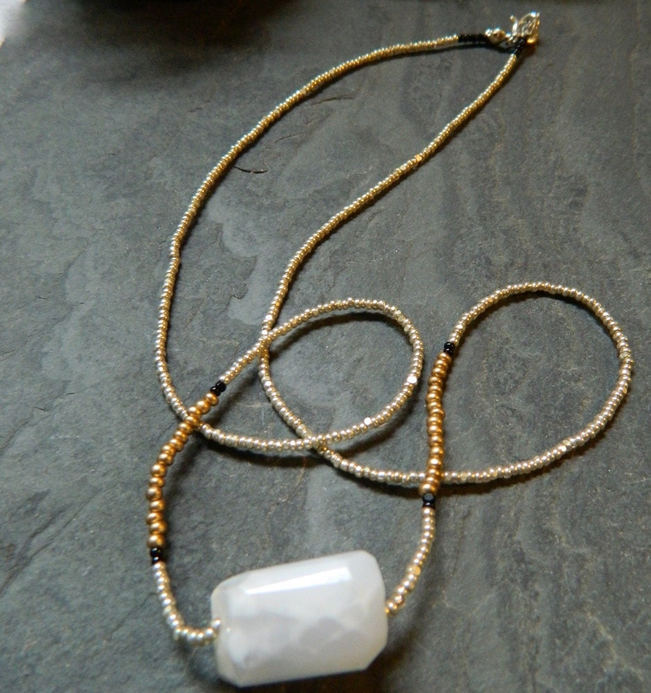Brackets Milky Quartz Necklace with Silver, Black and Gold Seed Beads