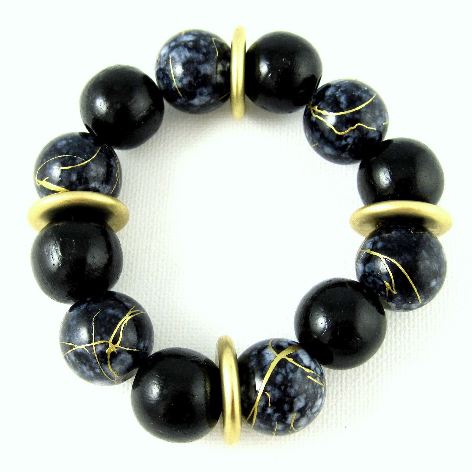 Chunky Bracelet, Black and Gold, Black Bracelet, Wood Bead Bracelets, Wooden Bead Bracelet, Stretch, Wooden Bead Jewelry, Large Bracelet