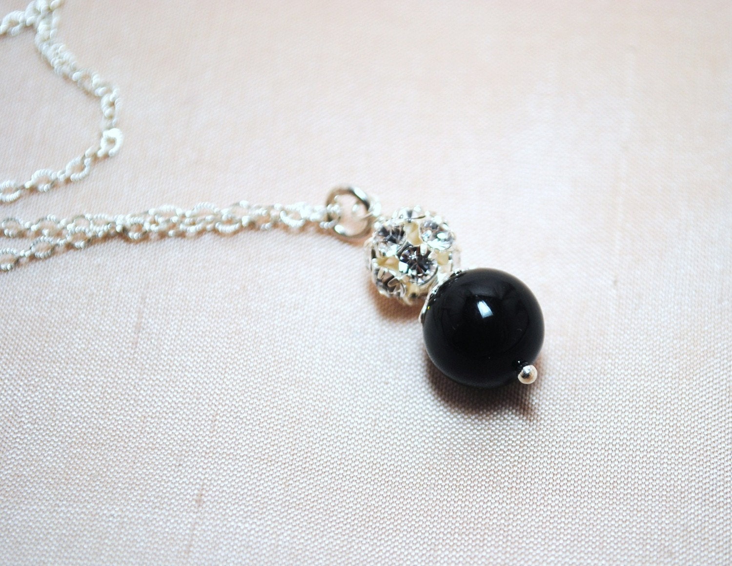 Bridal Necklace, Black Pearl Rhinestone Fireball Pendant Wedding Necklace, Sterling Silver, Bridesmaids, Special Occasion, Bridal Party