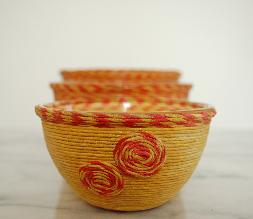 vintage nesting snack bowls - yellow and red set of three string covered bowls