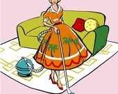 Retro print, kitchen art, 8x10, dining room art, housewarming, 50's, Ironing, housework, pink
