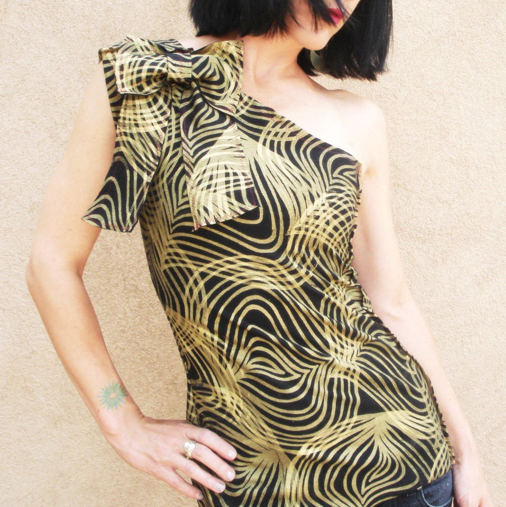 Virtual Reality - Made to Order - iheartfink Handmade Hand Printed Black and Gold Artistic One-Shoulder Top with Bow