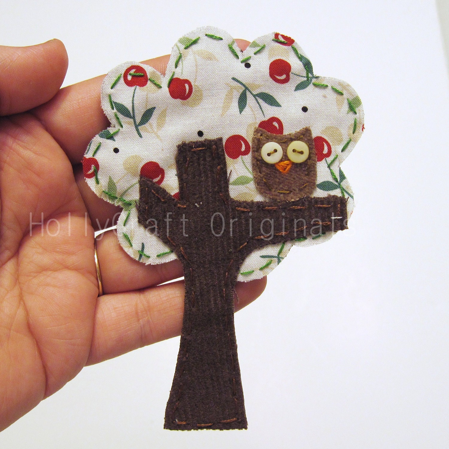 Tree with Owl Applique Brooch,Owl Pin, Fabric Owl Pin, Owl Brooch, Owl Accessory, Fabric Scrap Owl Pin, Fabric Brooch