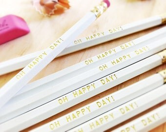 Oh Happy Day White with Gold Pencil 6 pack - Great wedding favors and gifts