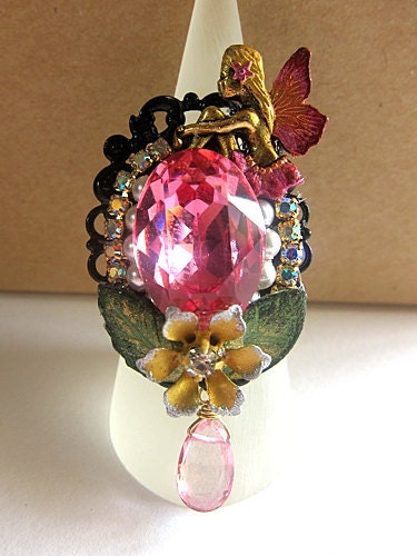 Sitting Fairy With Dark Pink Crystals Ring Swarovski Jewelry Fantasy Jewelry Fae Faerie Fay Nature Flowers Black Fairy Ring Realm