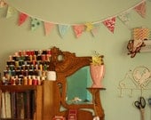 Shabby Chic Bunting, Ten Feet of Pink and Aqua Fabric Flags, Banner, You Choose Length in Increments of 10' of Flags.