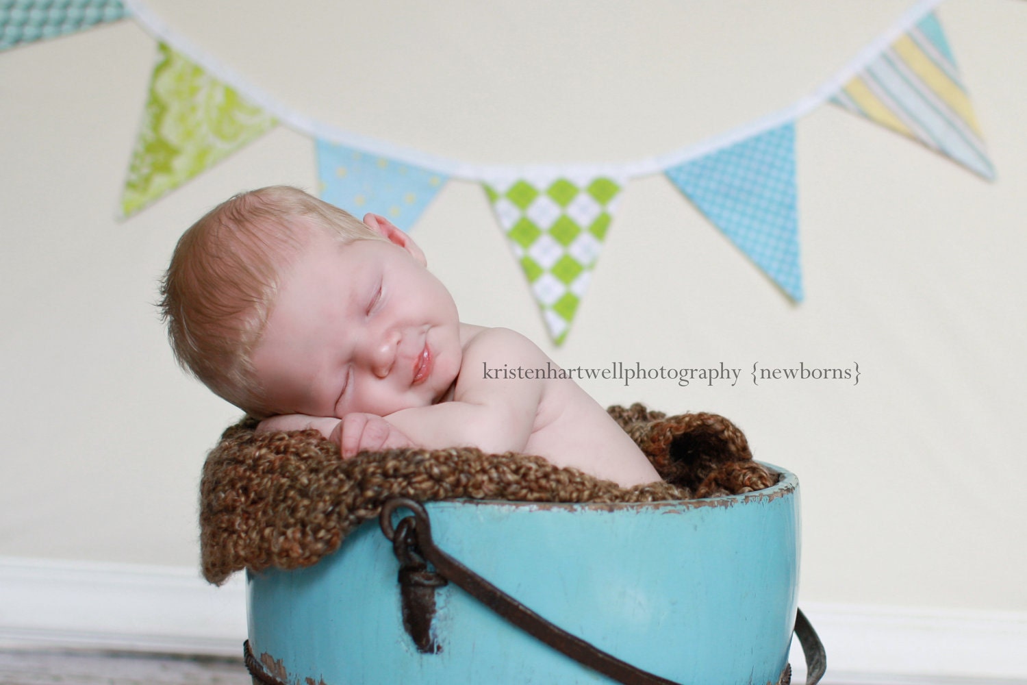 Boy's Fabric Flag Bunting Decoration, Designer's Choice Blue and Green Flag Banner, Photo Prop, Party Decoration. 7 Medium Sized Flags.