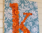 Button Letter Wall Art -- Orange Monogram on Turquoise -- 8"x10" -- by Letter Perfect Designs
