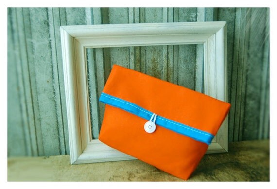 Handmade Makeup Bag, Orange blue Clutch Purse, Travel, Beach Wedding Accessory, Summer Wedding, Gift Under 25, Bridesmaid Gift