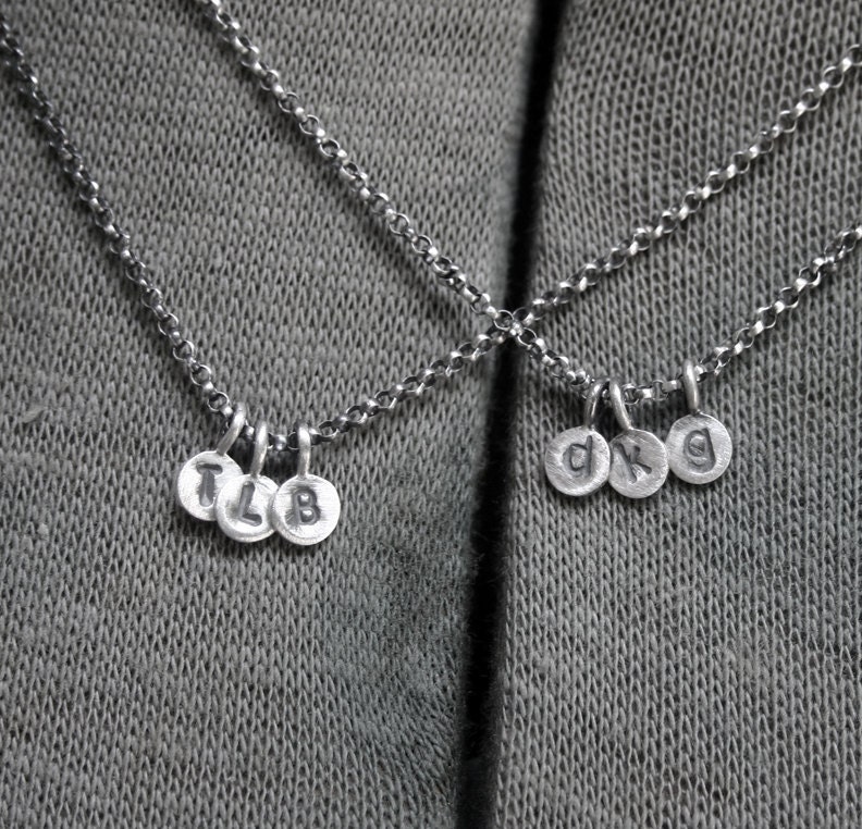 Personalized Necklace Three Tiny Initial Tag Stamped Sterling Silver Paddle Tag Charm Rolo Chain