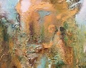 The Tower - original oil painting, pale gold, green, aquamarine, 27.5 x 15.5 inches