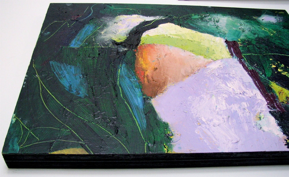 Abstract painting, original oil, dark cool green, lilac, peach, Spring mood, textural, 12 x 16  approx.