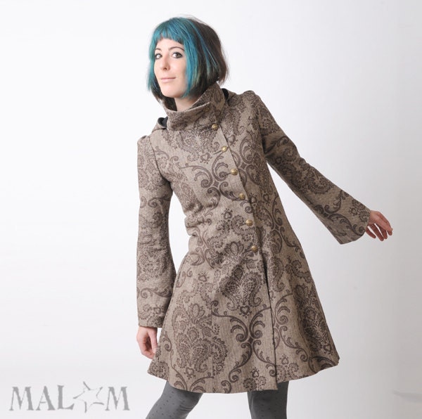 30% DEPOSIT Camille Coat with Goblin Hood and tall collar - brown baroque print chevron tweed wool - Winter coat