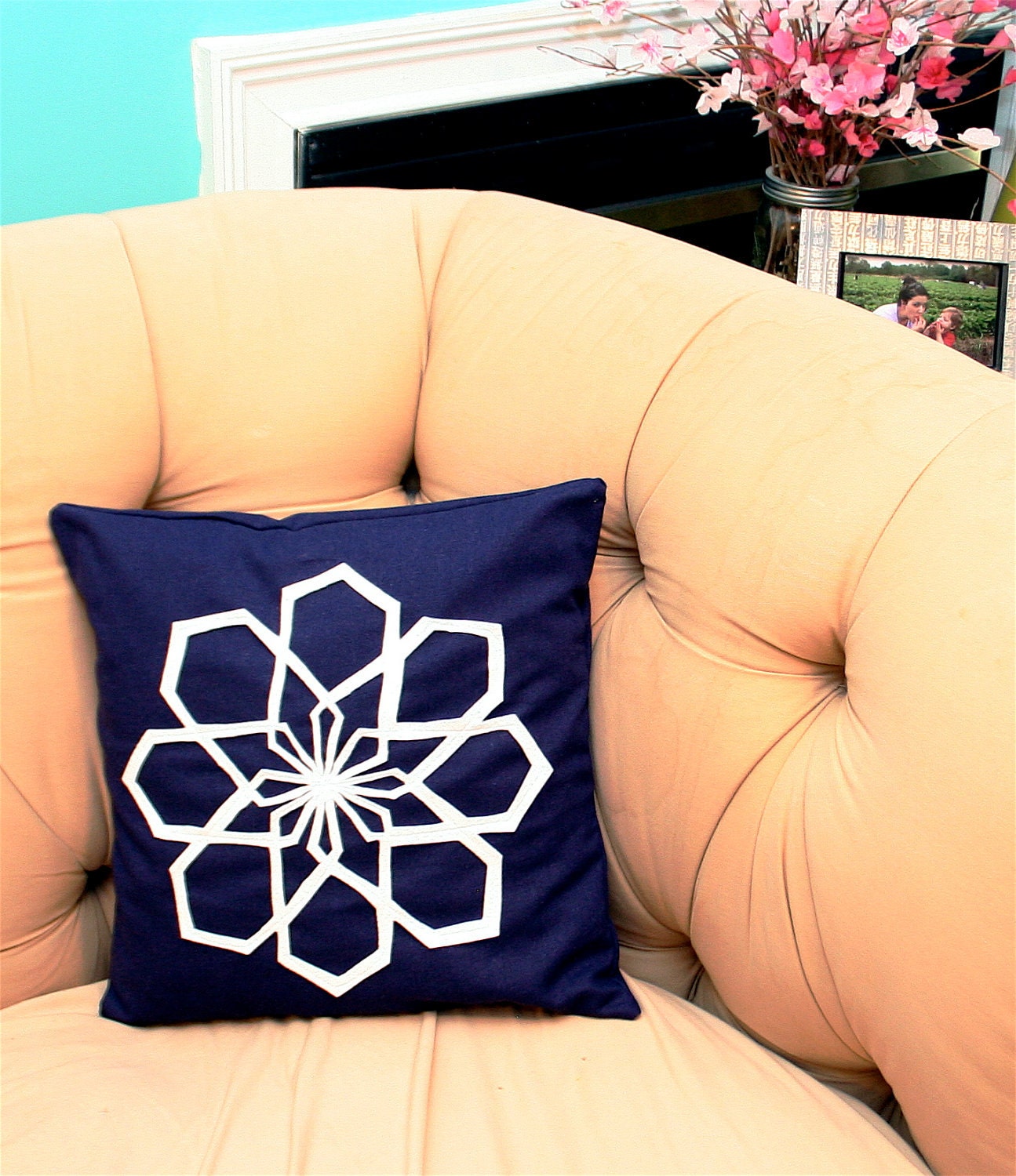 Geo Modern Flower Pillow Cover in Navy