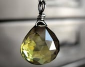 Olive Green Gemstone Necklace - Faceted Olive Quartz Briolette Teardrop, Wire-wrapped Oxidized Sterling Silver, Modern - Dirty Martini