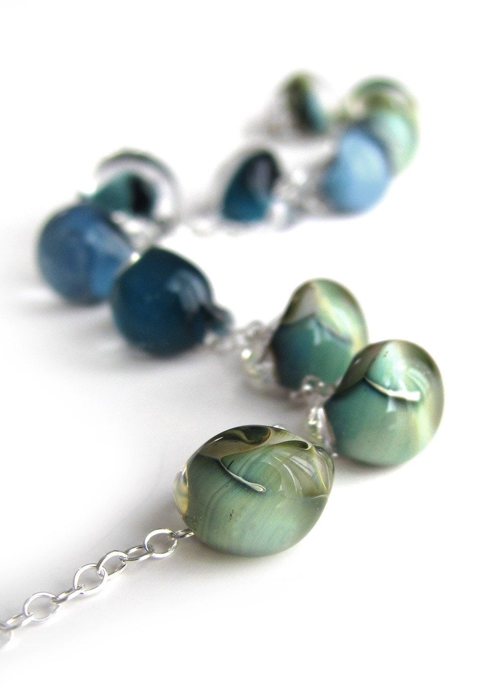 Glass Drop Necklace in Navy Blue, Aqua, Seafoam Green Lampwork Glass Beads, Sterling Silver, Summer Jewelry, Nautical Necklace - Shoreline