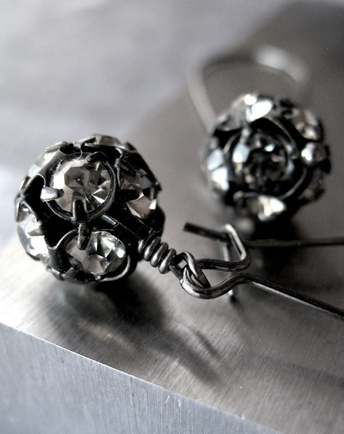 Black Rhinestone Earrings, Faux Diamond Crystal Ball Earrings, Clear Crystal Earrings, Prom New Years Eve Jewely - Stroke of Midnight
