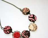 Vintage Style Necklace Covered Button with Resin Flower ROSES and CHOCOLATE  Art Nouveau Fabric--Bridesmaid Romance Pink and Brown