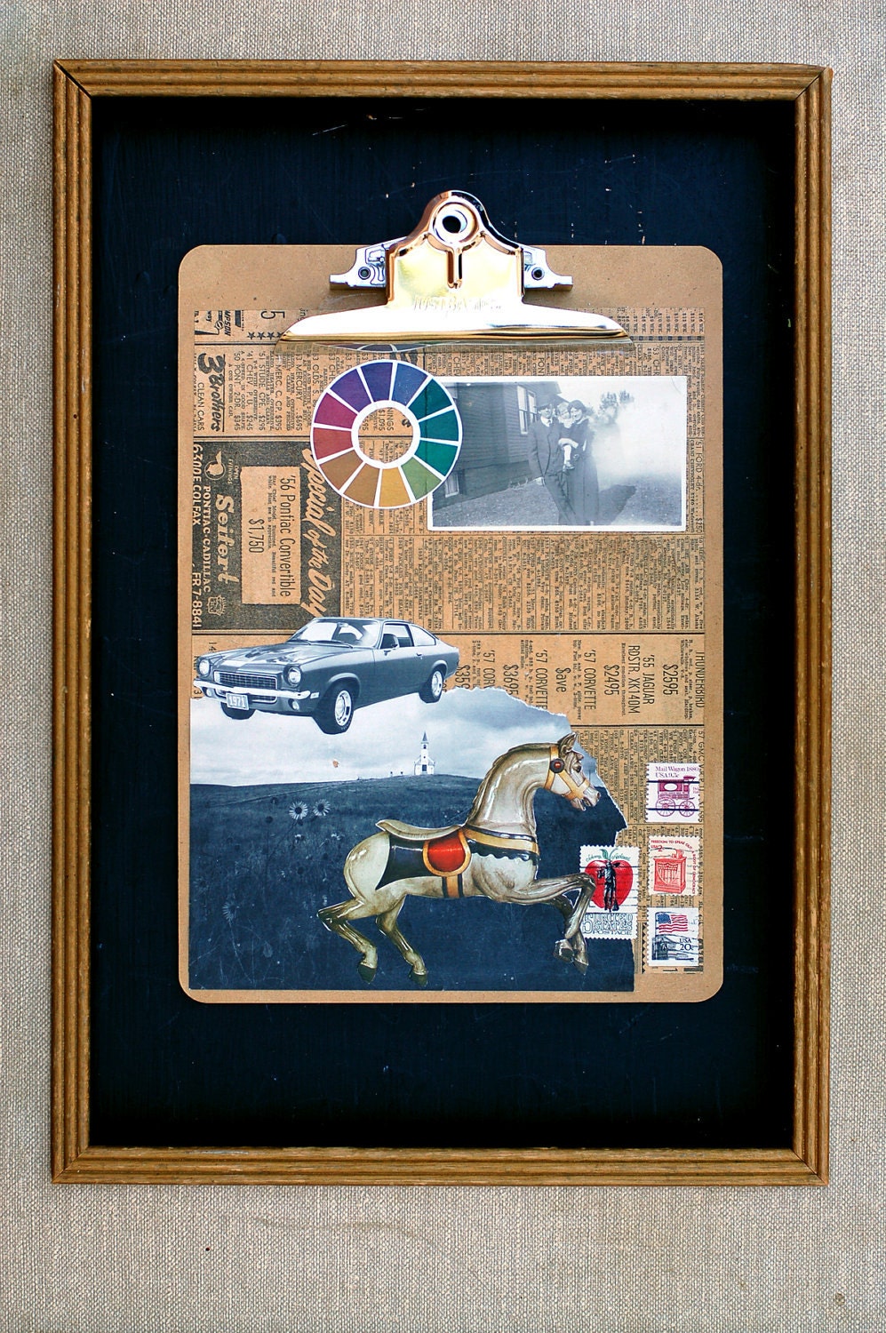 Original Collaged clipboard with vintage stamps, old car, black and white photos, color wheel and church