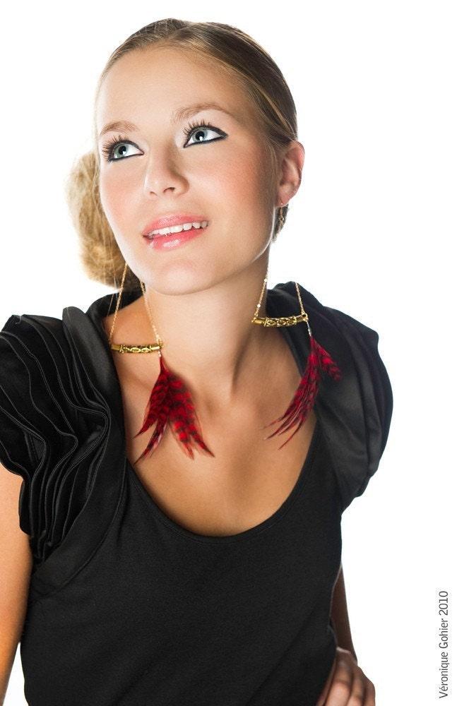 Burgundy Feather Earrings - Oxblood Gold Earrings - Aztec Chic - In Fire