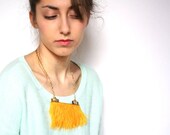 Statement Neon Feather Necklace 3. Mustard Yellow Feathers . Vintage Gold Components