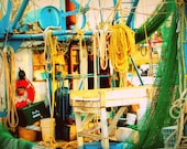 Shrimp Boat Deck: colorful fine art photography print of fishing equipment in vibrant blue, green, yellow, orange