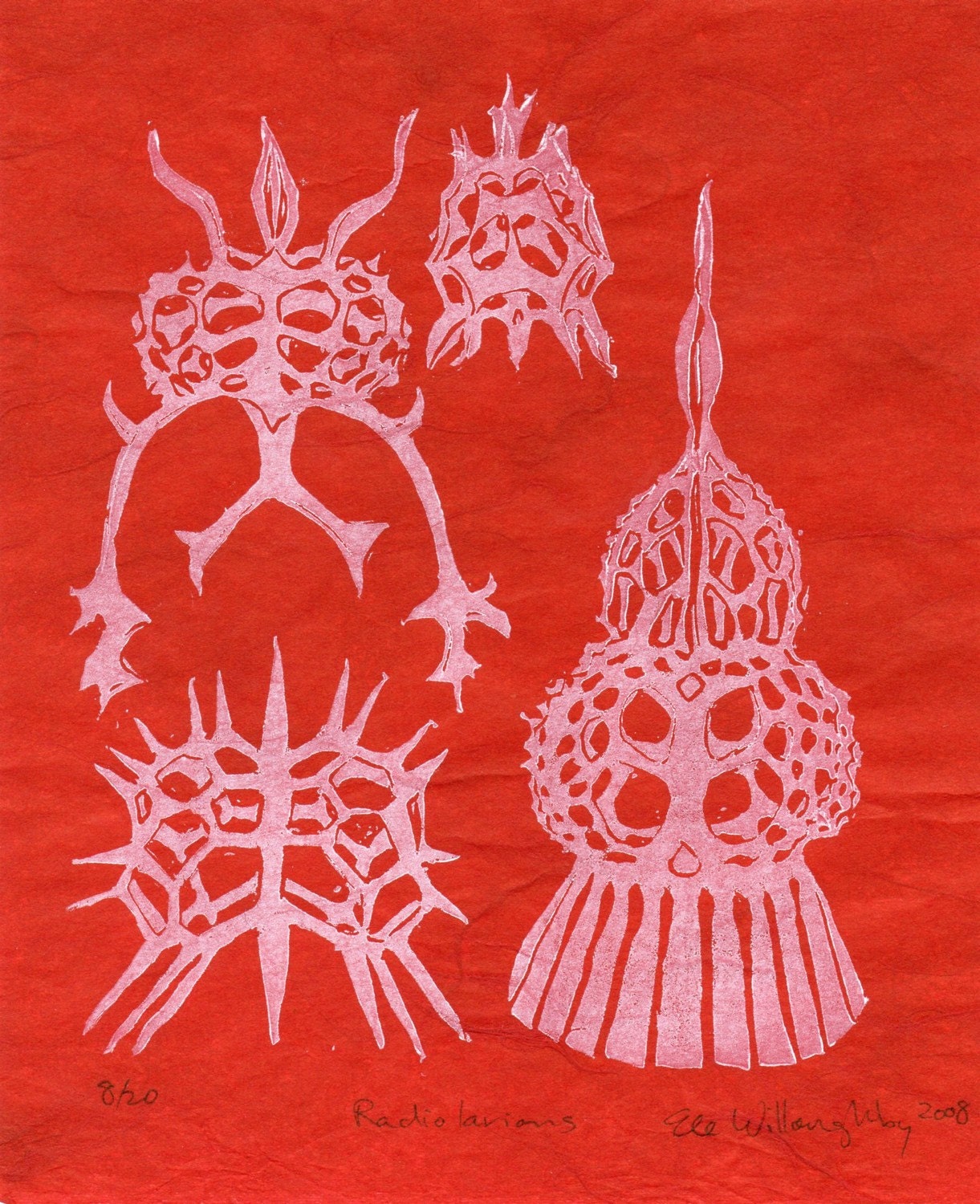 Radiolarians - Original linocut, white on red