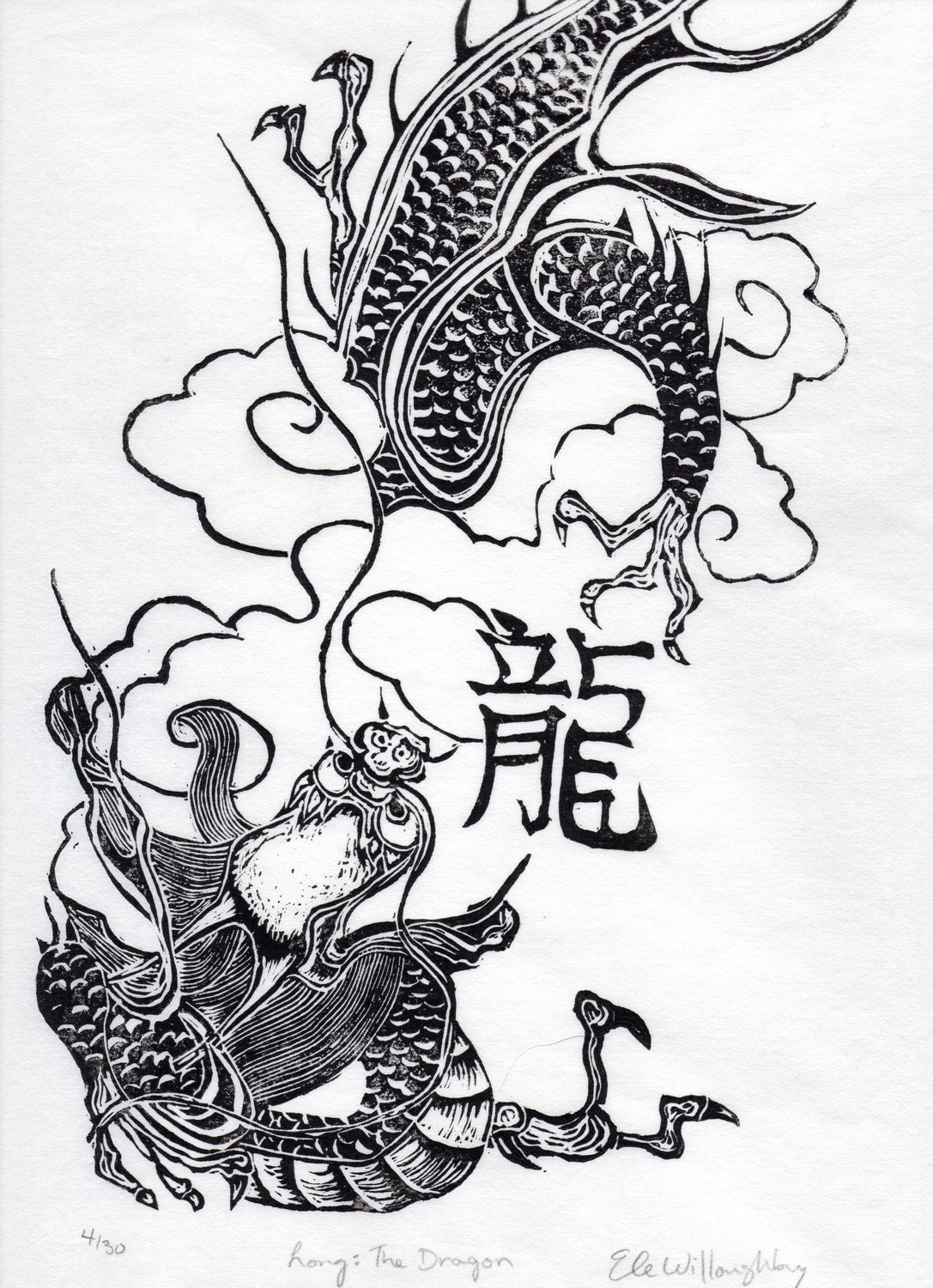 Long- The Dragon - Linocut, 5th in Chinese Zodiac
