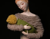 On SALE Gently Holding mother and baby art doll one of a kind mixed media sculpture