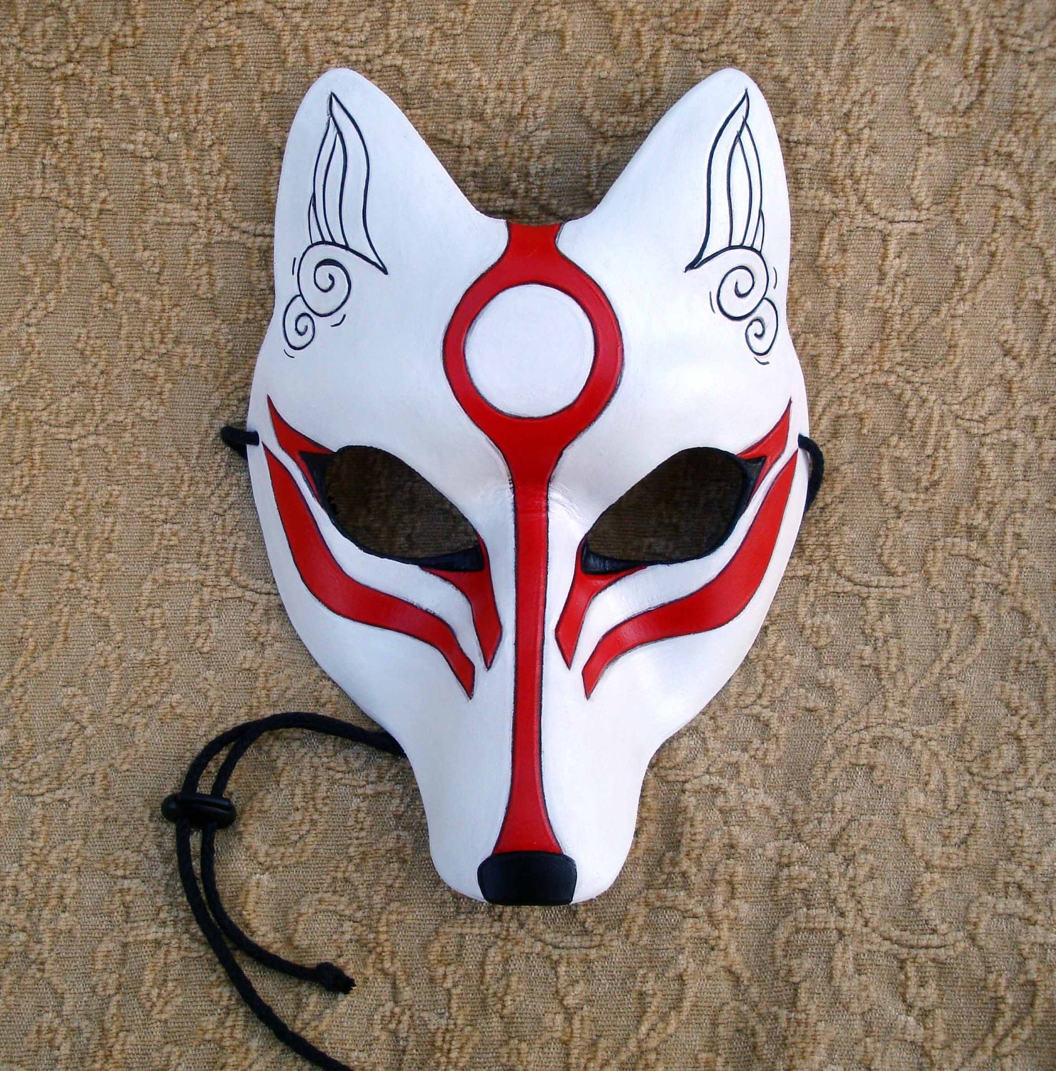 White Okami Kitsune Mask... Japanese Fox Leather Mask