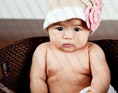 Crocheted Cloche Hat  "The Faith" Jute White Rose Pink flowers Toddler Baby Bucket Hat