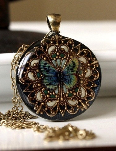 Something Blue Necklace, Wedding Necklace, Butterfly Necklace, Green Necklace, Enameled Pendant, Image Locket