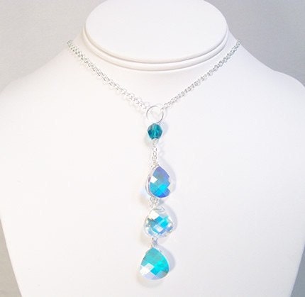 Blue & Crystal RainbowTeardrop Plunging Necklace with Sterling Silver Chain, 3 Teardrops, prism