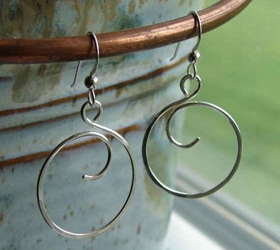 Sterling Silver Wire Curly Q Circle Hoop Earrings - Hand Forged
