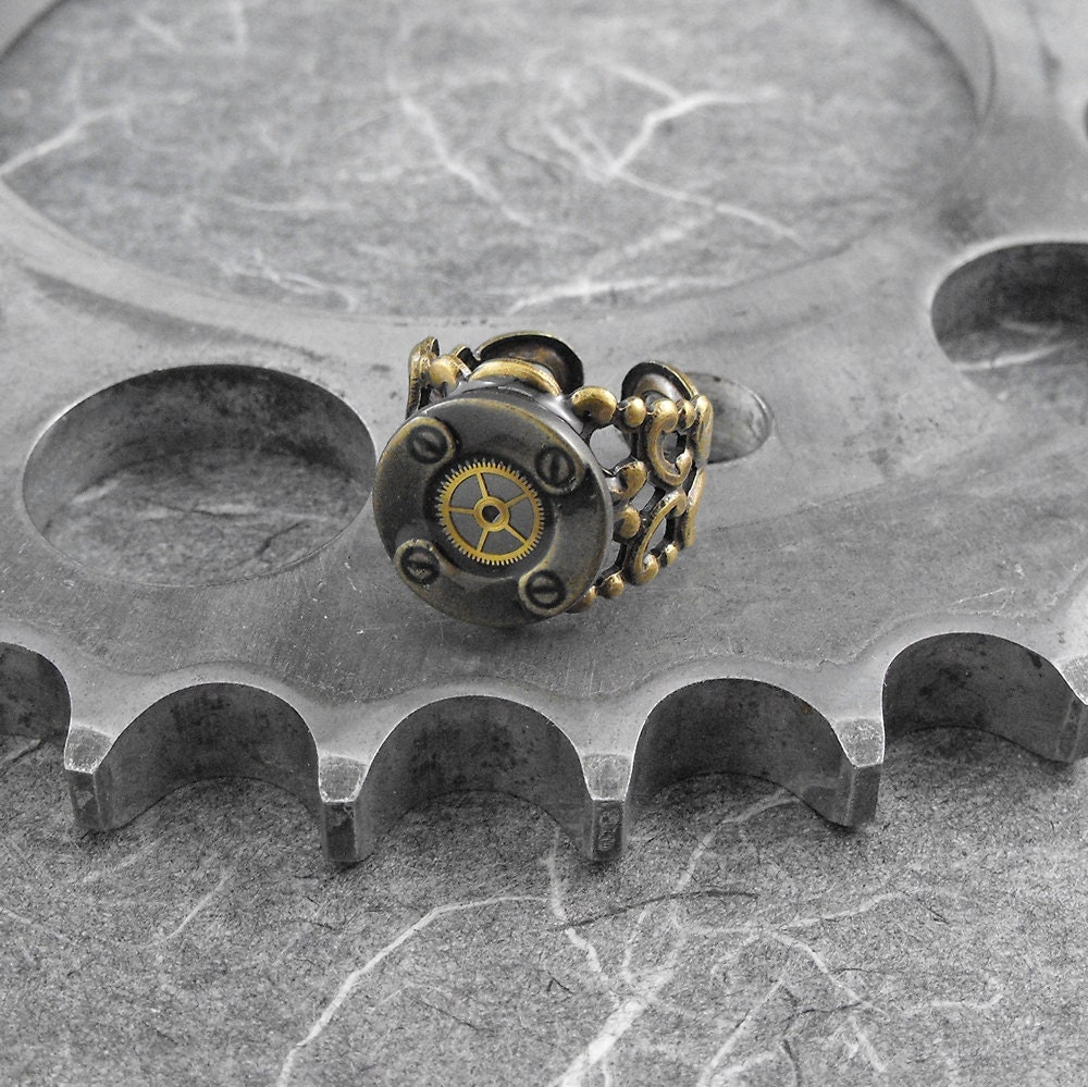Steampunk Industrial Brass Filigree Adjustable Ring - Nuts and Bolts of Dreams by COGnitive Creations