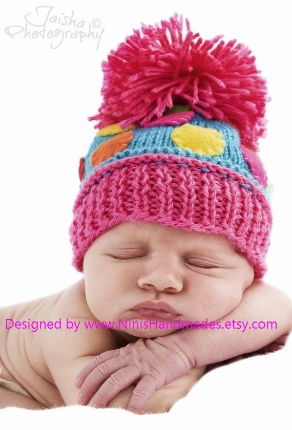 Knit HOTPINK Pom Pom CUPCAKE Baby Hat, Beanie- Newborn photography, children, Polka dot hat, Pom Pom Hat, Cupcake hat, Birthday Hat,