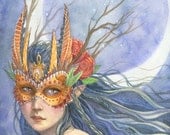 Fairy in Owl Mask Art Print - Golden Masquerade with Feathers and Roses - Moon Crest