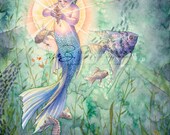 Mermaid with SeaShell Art Print Blue Mermaid and Seahorses