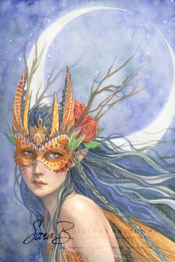 Fairy in Owl Mask Art Print - Golden Masquerade with Feathers and Roses - Moon Crest