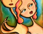 Couple Art Print, Giclee, Romantic Art, Love, Illustration Art Print, 7 x 9.5, Original Art Print, Mixed Media, Peach Blue