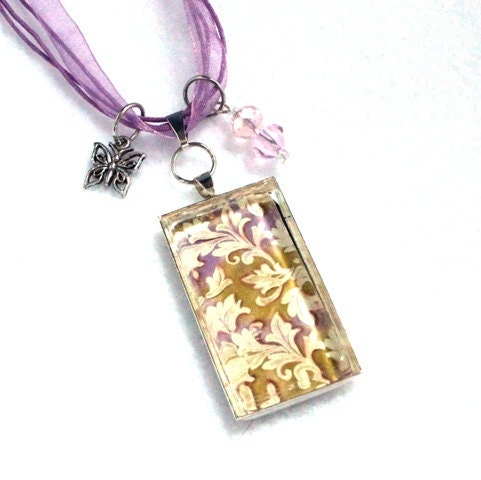 Flowers Necklace Victorian Art Pendant, Upcycled Beaded Jewelry Charm Necklace, Ribbon or Black Cord, Original Art Print, Purple Green