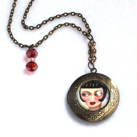 Flapper Art Deco Locket, Beaded Charm Necklace, Bronze Gold, 1920s, Vintage Inspired Jewelry Shabby Chic, Black Red Pink