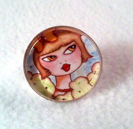Little Girl Art Ring, Art Deco Silver Cocktail Ring, Adjustable Silver Jewelry, Original Art Print, Pink Blue