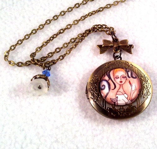 Cat Art and Girl Art Locket, Bronze Gold Charm Necklace Pendant, Beaded Cat Jewelry, Original Art Print, Vintage Shabby Chic, Pink