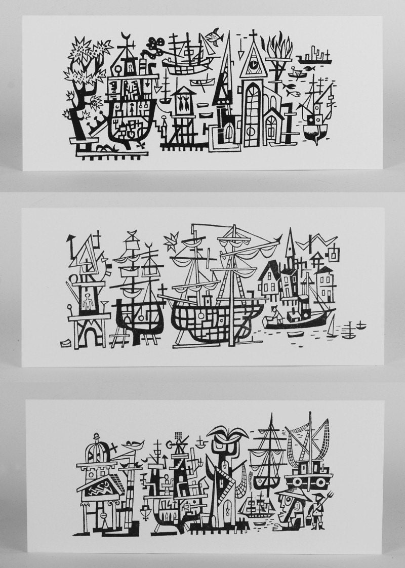 3 prints JIM FLORA HARBOR Scene Boats and Ships Series of 3 Small Hand Printed Letterpress