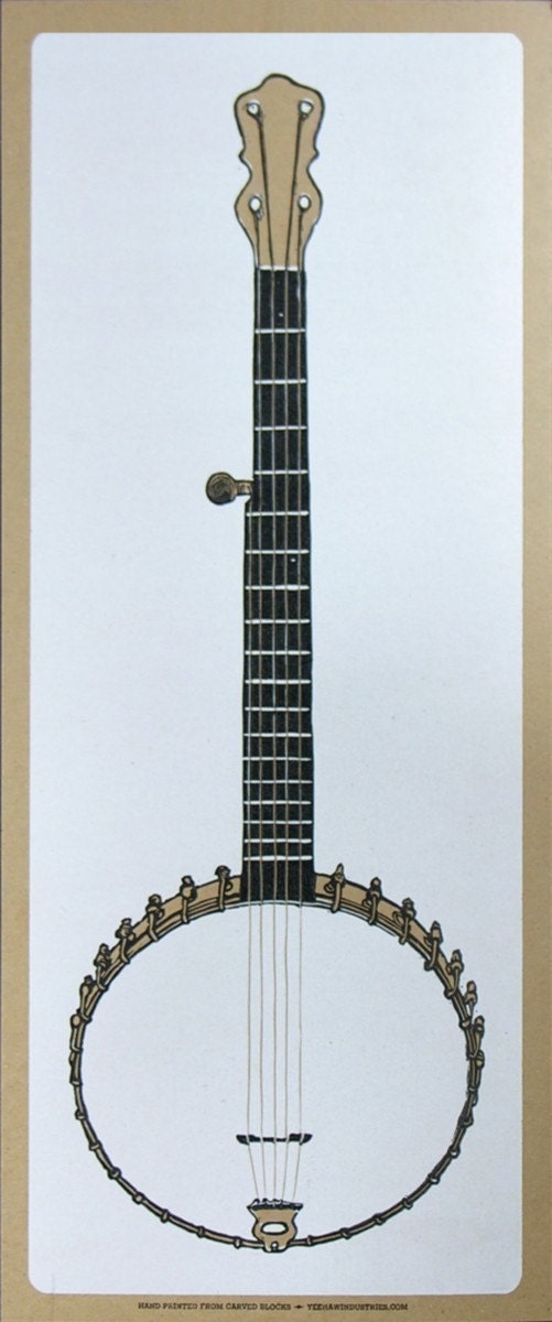 Hand-Carved BANJO Print - STRING INSTRUMENT - Hand Printed Letterpress Poster