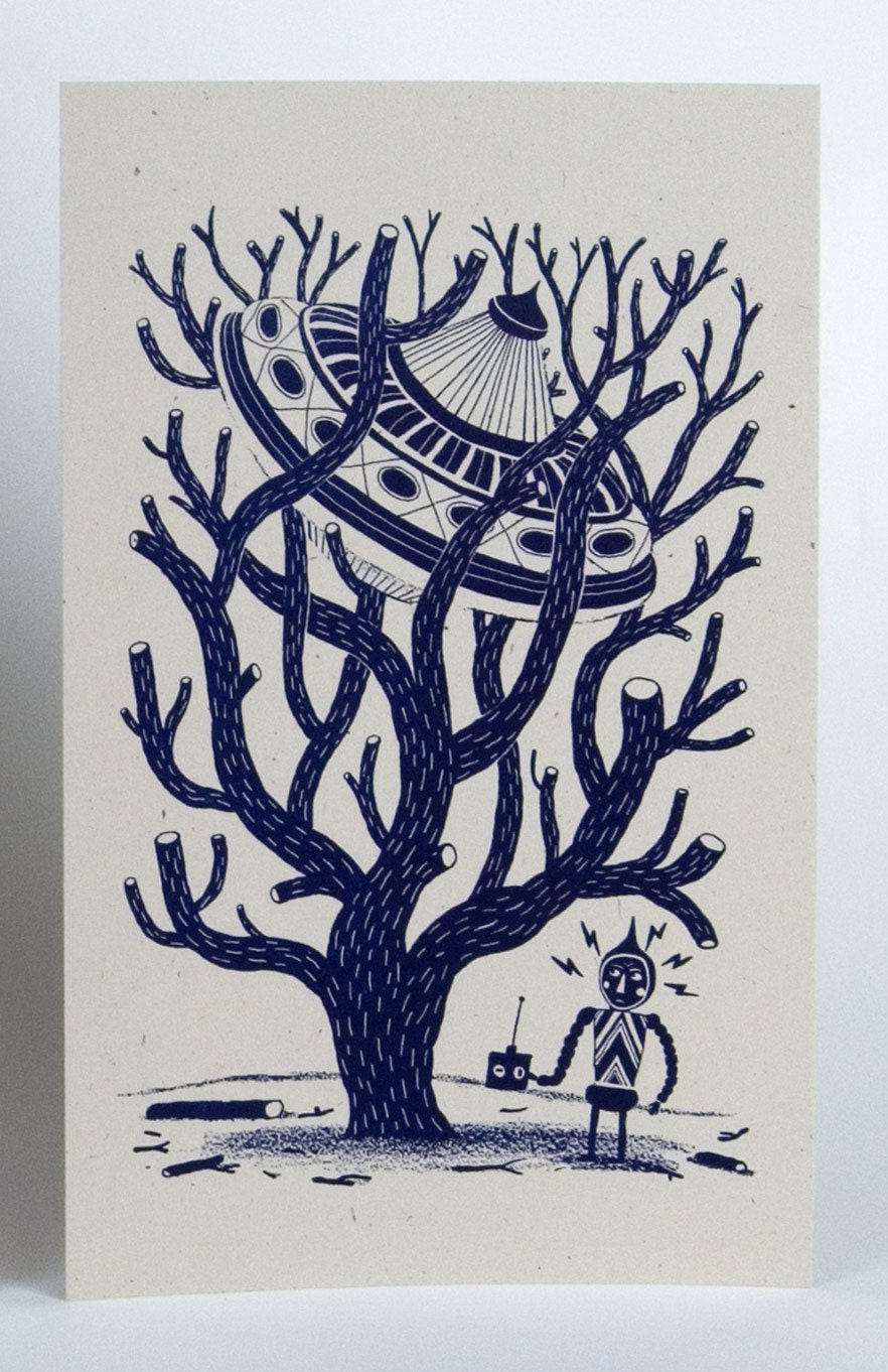 UFO in a TREE and ALIEN Illustration Hand Printed Letterpress Choose Color